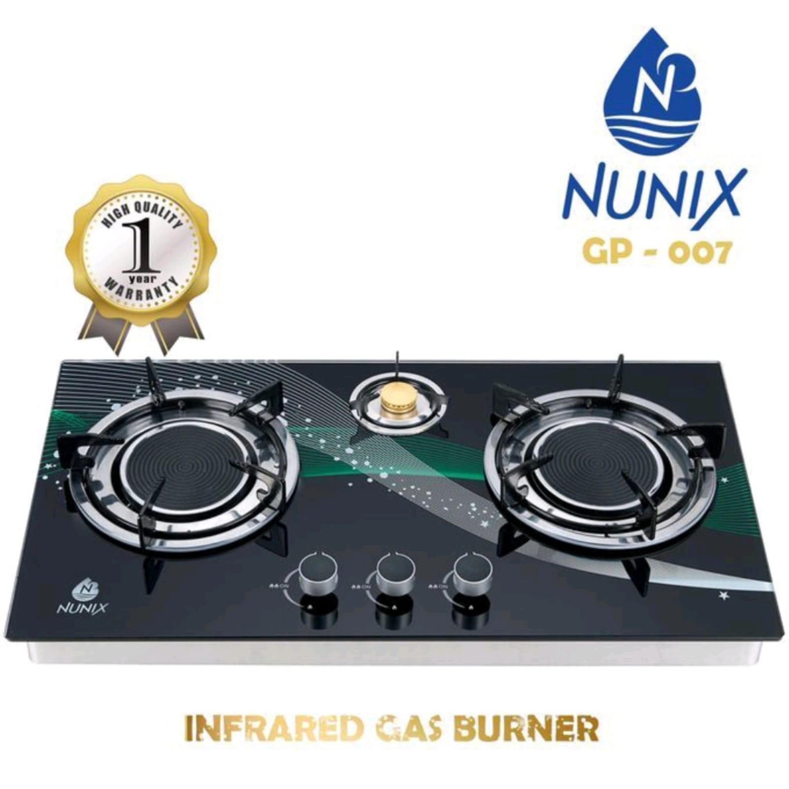 NUNIX (GP-007) 3 BURNER LOW GAS CONSUMPTION GLASS TOP INFRARED COOKER - Auto ignition system, Durable stainless steel body, Brass fire cover against high temperature deformation.