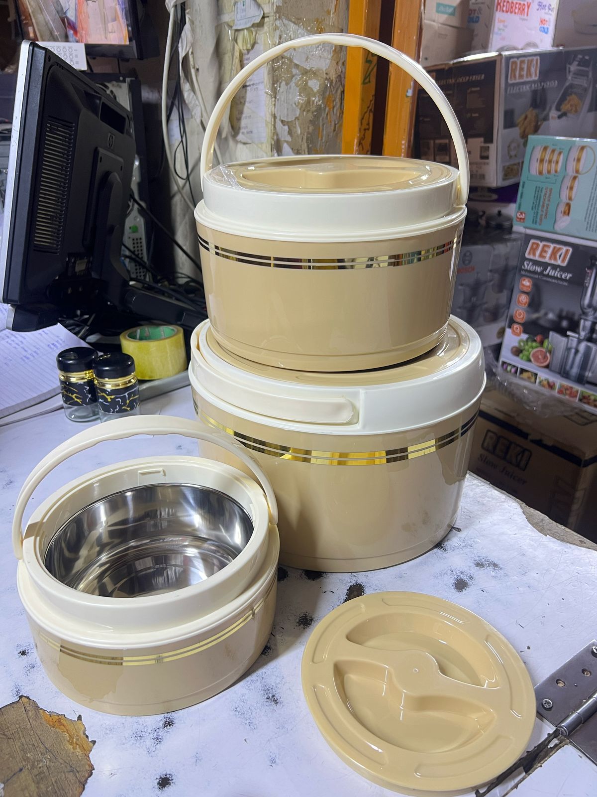 3 PCS SET OF HOTPOT ORBRITON INSULATED HOTPOT SET - BEIGE , Keeps food hot and fresh up to 6 Hours, Double wall strong and insulated, Ideal even for carrying during travel ,picnics .