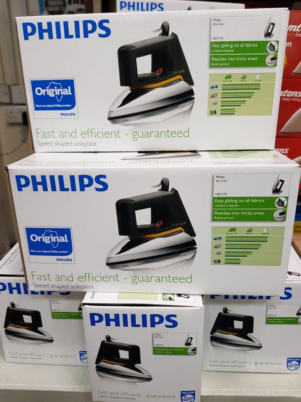 PHILLIPS  HD1172 1000W ORIGINAL DRY IRON BOX - Button groove, Speed shaped soleplate, Non-stick soleplate coating Iron temperature ready light .