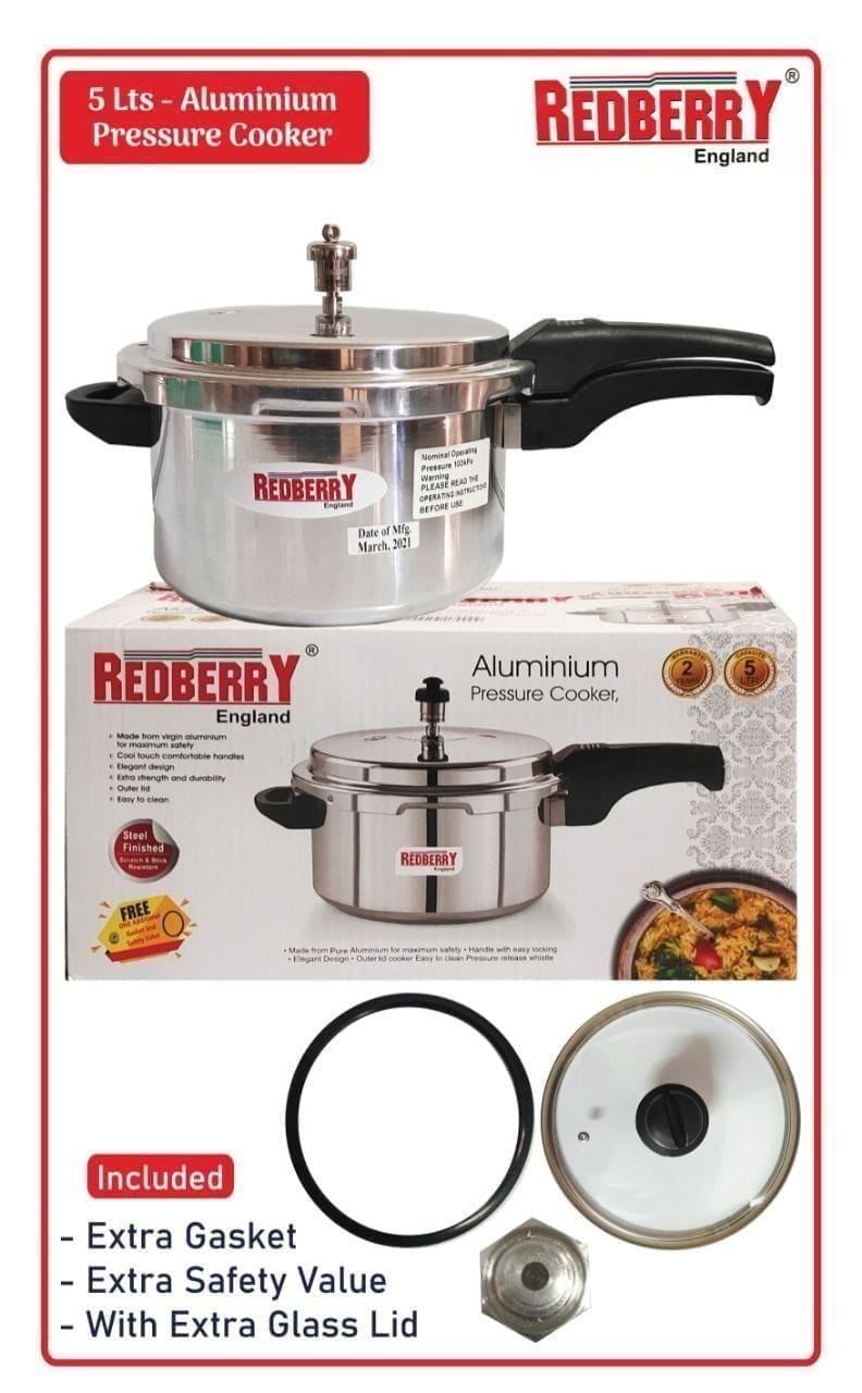 Redberry Premium 5L Aluminium Pressure Cooker with 2 extra Glass Lid – Free Extra Gasket & Safety Valve, Durable, lightweight, and ensures even heat distribution, 5-Litre Capacity: Perfect for family