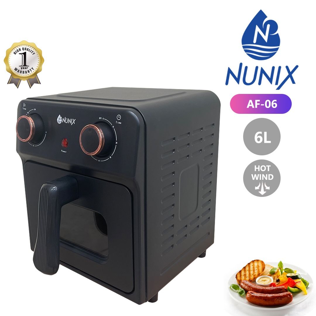 NUNIX AF-06 EXTRA  LARGE CAPACITY AIR FRYER - 1000W,Window for visual review,Healthy way without oil or less than 80% fat, Pan capacity 6L with non-stick coating, Set the timer and temperature to cook