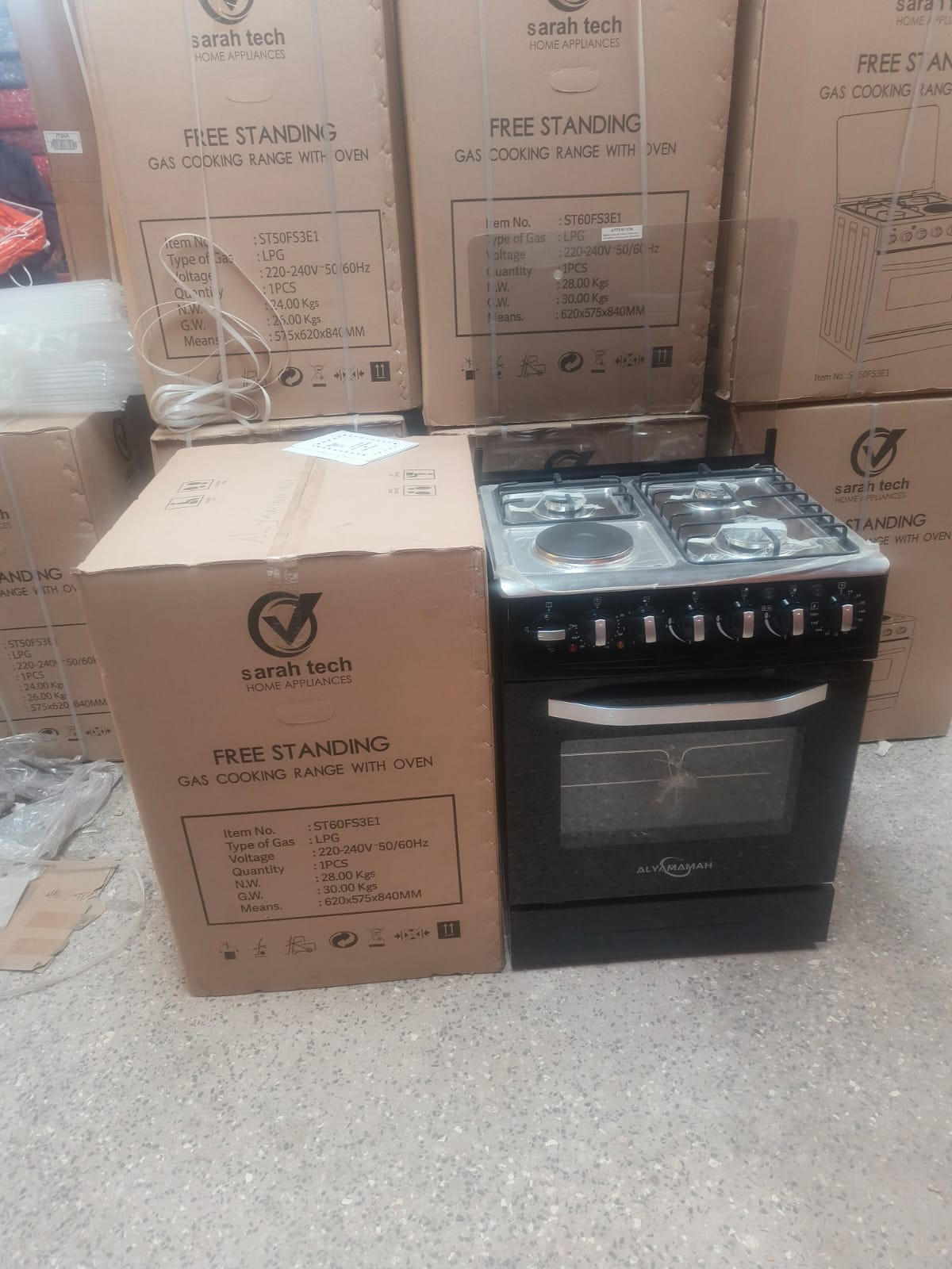 3G + 1E SARAHTECH 60*60 STANDING GAS COOKER WITH OVEN - Electric oven, Auto ignition, Oven grill/rottiserie, Oven lamp, Double glass oven door, Jet valve.