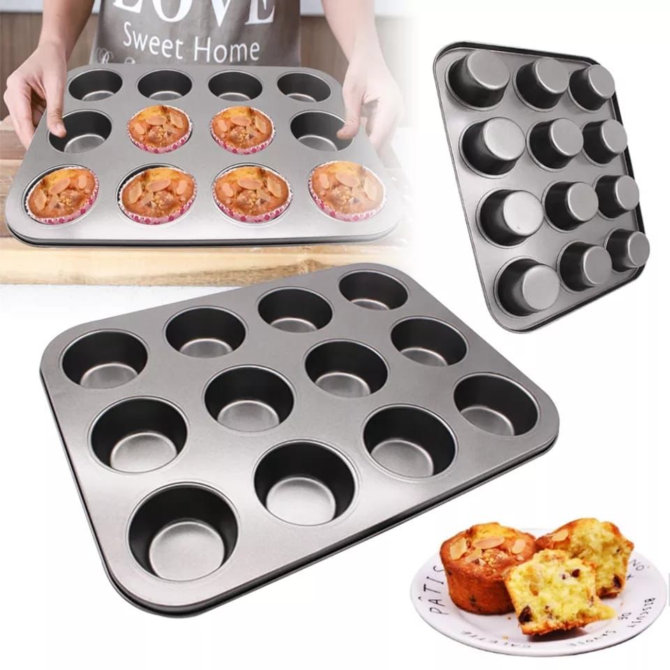 12 Holes Non-Stick Muffin/ Cupcake Baking Tray/ Pan - Bake a dozen muffins or cupcakes at once with this 12-cup pan, Made of steel; non-stick surface for easy release and quick cleanup.