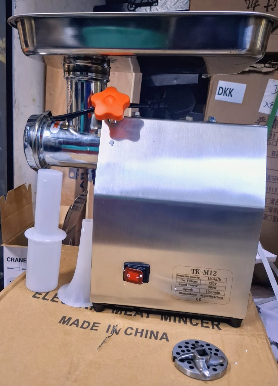 M12 STAINLESS STEEL MEAT MINCER - Production Capacity: Up to 120kg Per Hour, Comes with 6mm & 8mm Plate, Stainless Steel Body, With steel teeth.