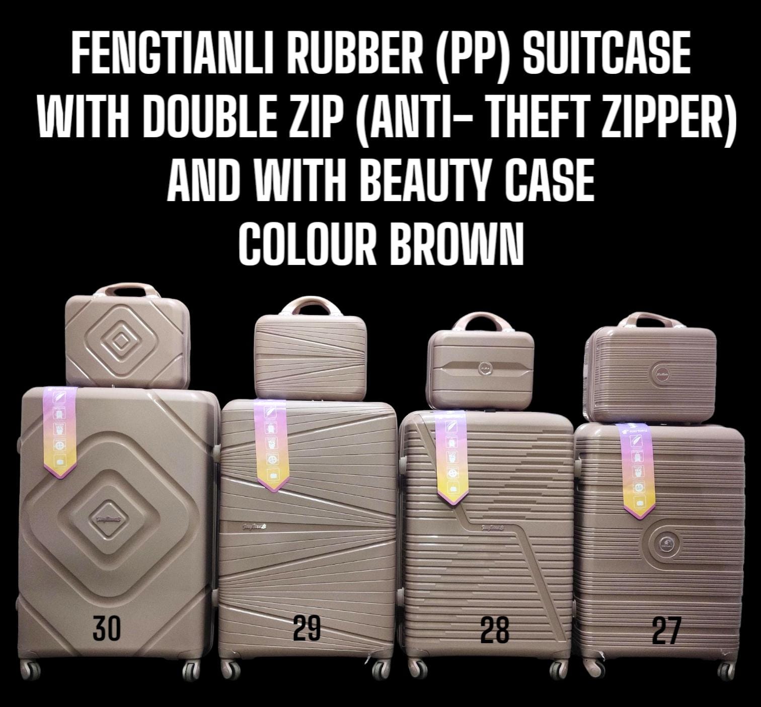4 IN 1 FENGTIANLI RUBBER SUITCASE WITH DOUBLE ZIP AND WITH BEAUTY CASE (SIZE 27) - Comes with a set 360-degree wheels for convenient movement,Large and spacious enough for your belongings.