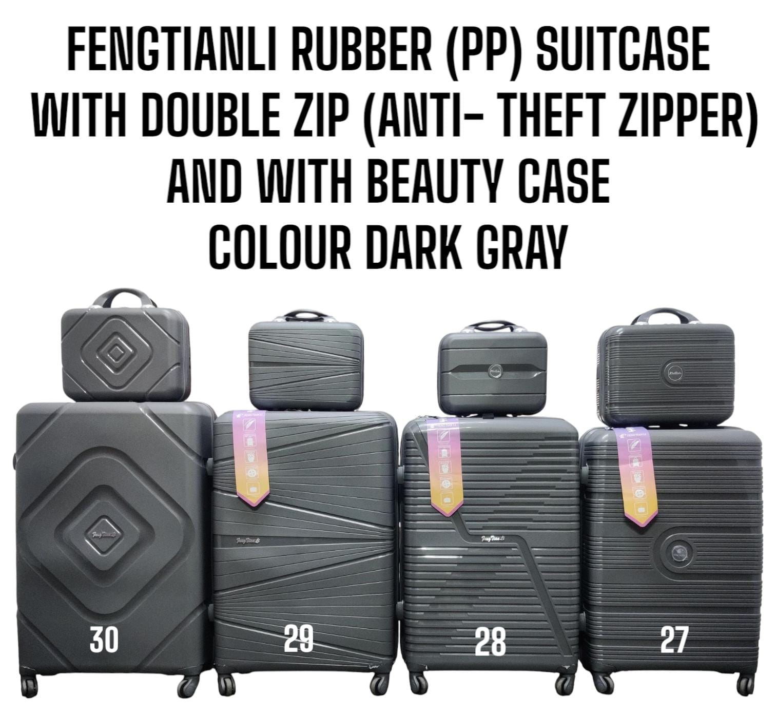 4 IN 1 FENGTIANLI RUBBER SUITCASE WITH DOUBLE ZIP AND WITH BEAUTY CASE (SIZE 27) - Comes with a set 360-degree wheels for convenient movement,Large and spacious enough for your belongings.