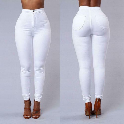 LADIES FASHION DENIM JEANS TROUSERS (WHITE) - Slim pencil cut design for a sleek and flattering fit, One-cut minimalistic style for a clean, modern look.