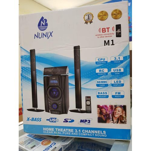 Nunix 3.1 CH M1 Home Theater Speaker System - Has three satellite speakers (front left, center, front right) plus one subwoofer for bass, It’s designed to deliver “immersive surround sound” .