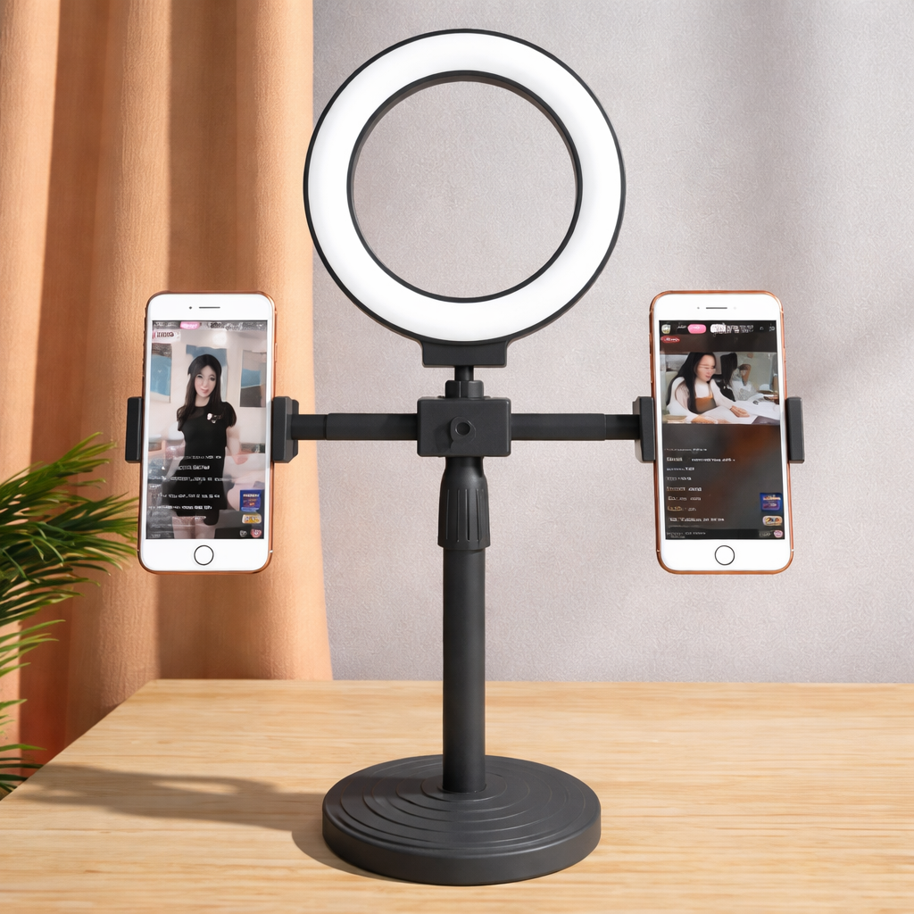 Double Stand Holder with 6-Inch Ring Light – Dual Phone Holders for Live Streaming & Content Creation, Bright, adjustable lighting for perfect selfies, videos, and live streaming.
