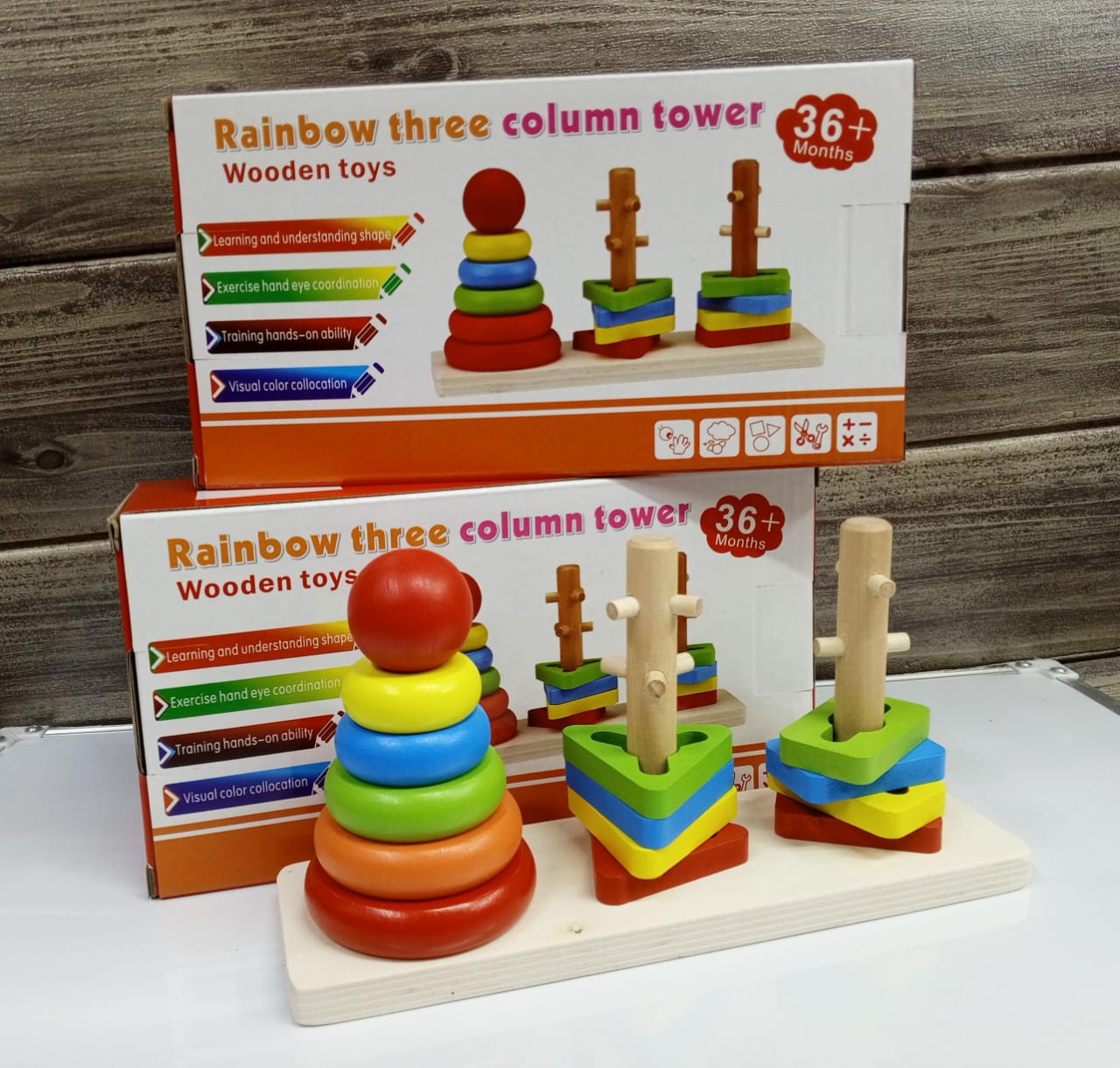 Rainbow Wooden Three-Column Tower – Colorful & Durable, Made from high-quality wood, strong and long-lasting, Rainbow colors, bright, eye-catching, and playful, Versatile.