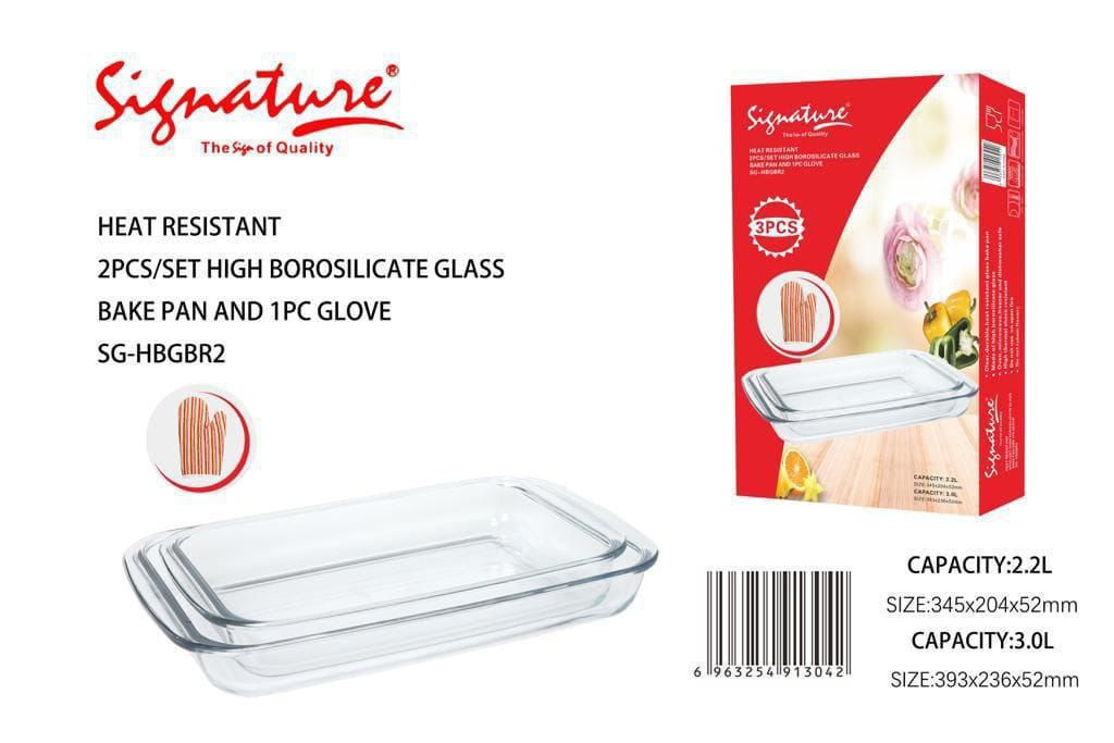 Set of 2 Glass Baking Pans with 1 Free Glove – Durable Heat-Resistant Bakeware, Made from high-quality heat-resistant glass, Ideal for baking cakes, lasagna, brownies & casseroles.