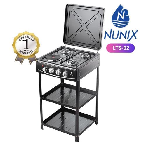 3 Gas 1 Electric Cooker. Standing Cooker 3G+1E with Shelves – 3 Gas Burners + 1 Electric Plate, Versatile cooking options for any recipe, Built-in Shelves , Convenient storage for pots, pans etc
