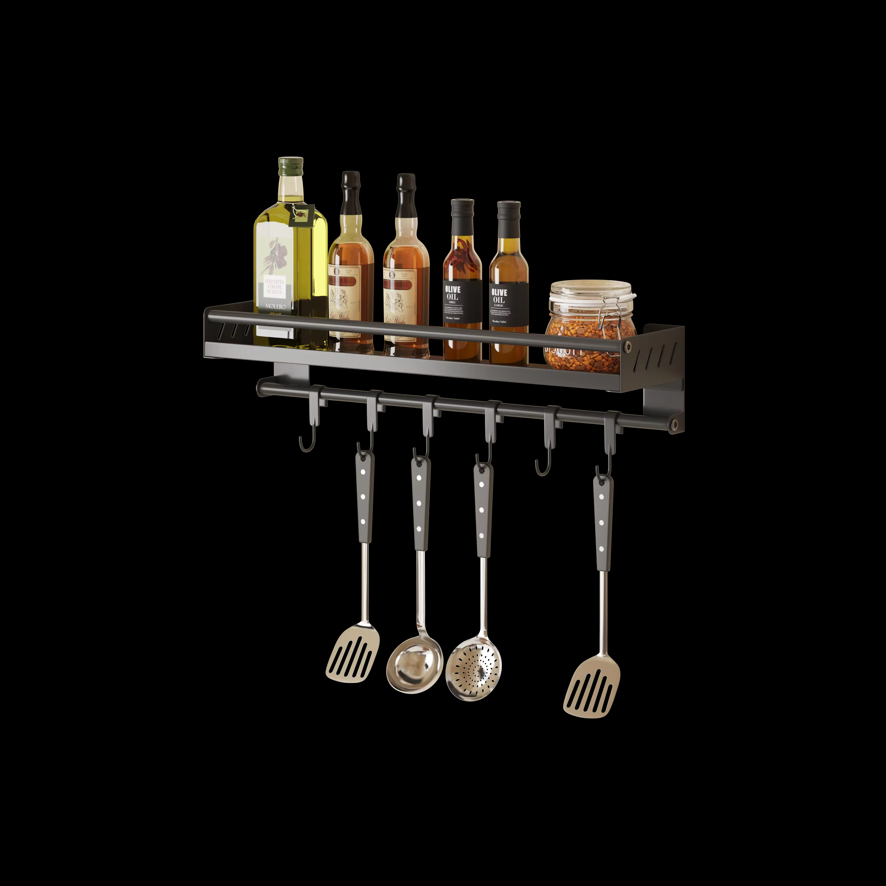 Homart KR-SR-001 2 Shelves and 4 rods kitchen Wall shelve  No Drilling with Rods Aluminium Kitchen Holder Kitchen Hook Rack Kitchen Aid Hanging Rac