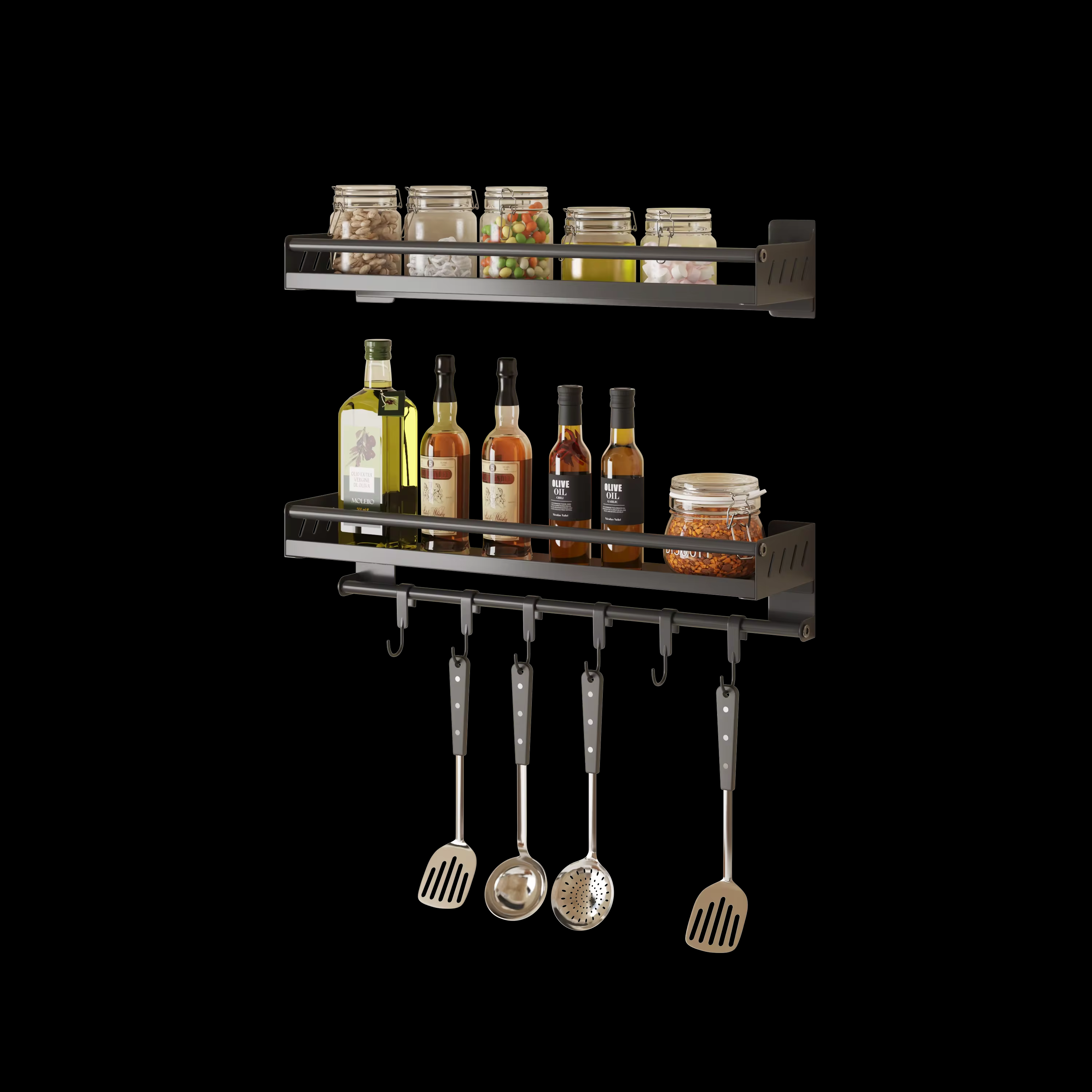 Homart KR-SR-001 2 Shelves and 4 rods kitchen Wall shelve  No Drilling with Rods Aluminium Kitchen Holder Kitchen Hook Rack Kitchen Aid Hanging Rac