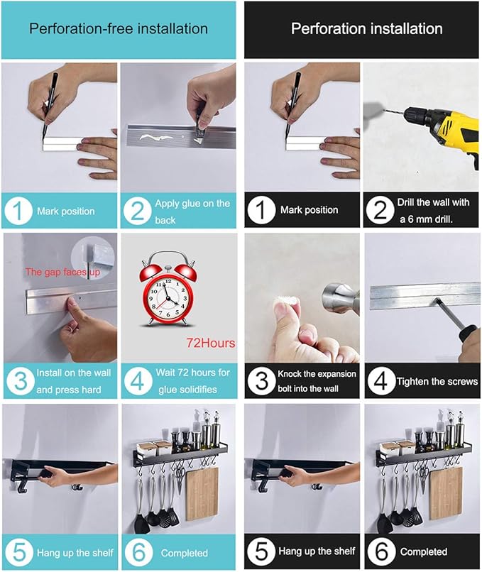 2 Layers, KR-SR-004 Kitchen Wall Shelves, Black Aluminum Large Capacity Storage Shelves With  Suitable for Storage In kitchen, Bathroom and Balcony (Black