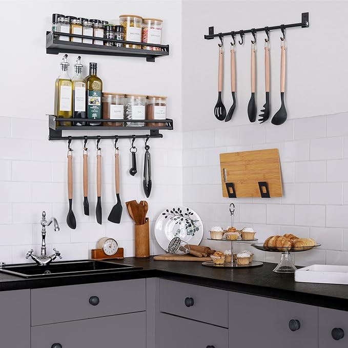 Homart KR-SR-001 2 Shelves and 4 rods kitchen Wall shelve  No Drilling with Rods Aluminium Kitchen Holder Kitchen Hook Rack Kitchen Aid Hanging Rac