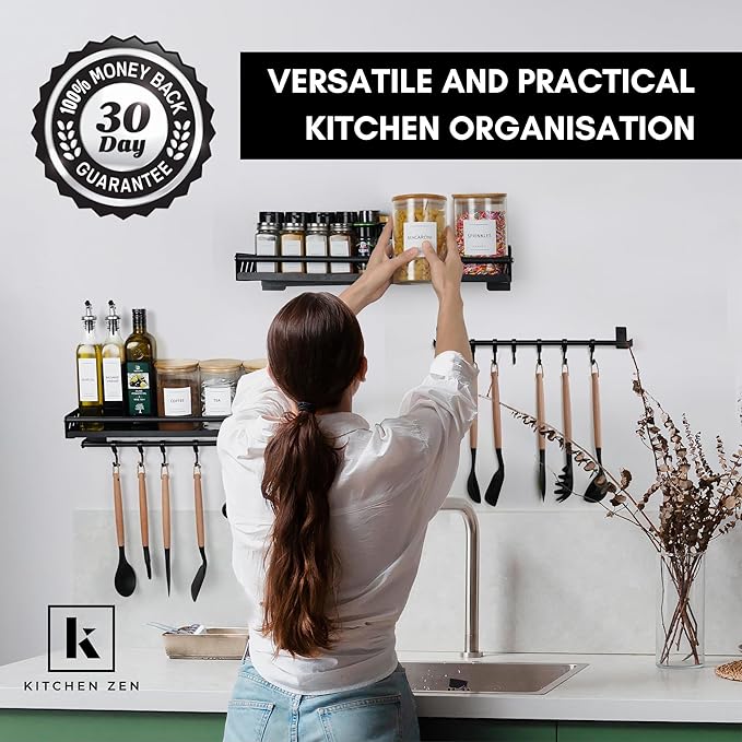 Homart KR-SR-001 2 Shelves and 4 rods kitchen Wall shelve  No Drilling with Rods Aluminium Kitchen Holder Kitchen Hook Rack Kitchen Aid Hanging Rac