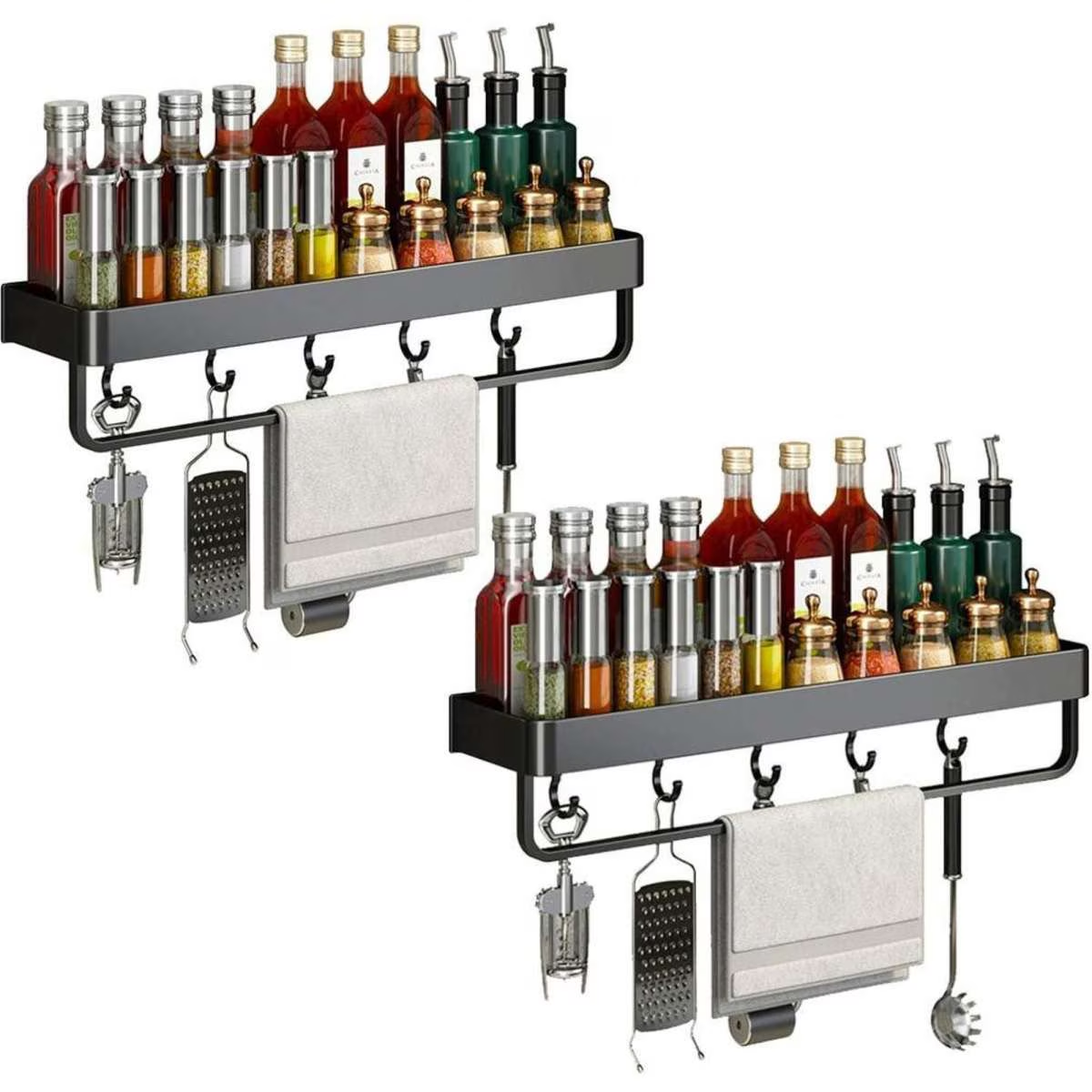 Homart KR-SR-001 2 Shelves and 4 rods kitchen Wall shelve  No Drilling with Rods Aluminium Kitchen Holder Kitchen Hook Rack Kitchen Aid Hanging Rac