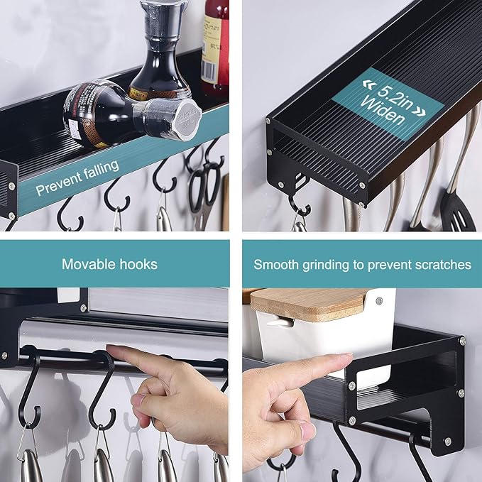 Homart KR-SR-001 2 Shelves and 4 rods kitchen Wall shelve  No Drilling with Rods Aluminium Kitchen Holder Kitchen Hook Rack Kitchen Aid Hanging Rac