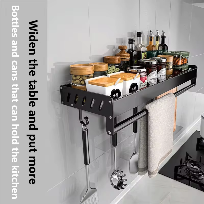 2 Layers, KR-SR-004 Kitchen Wall Shelves, Black Aluminum Large Capacity Storage Shelves With  Suitable for Storage In kitchen, Bathroom and Balcony (Black