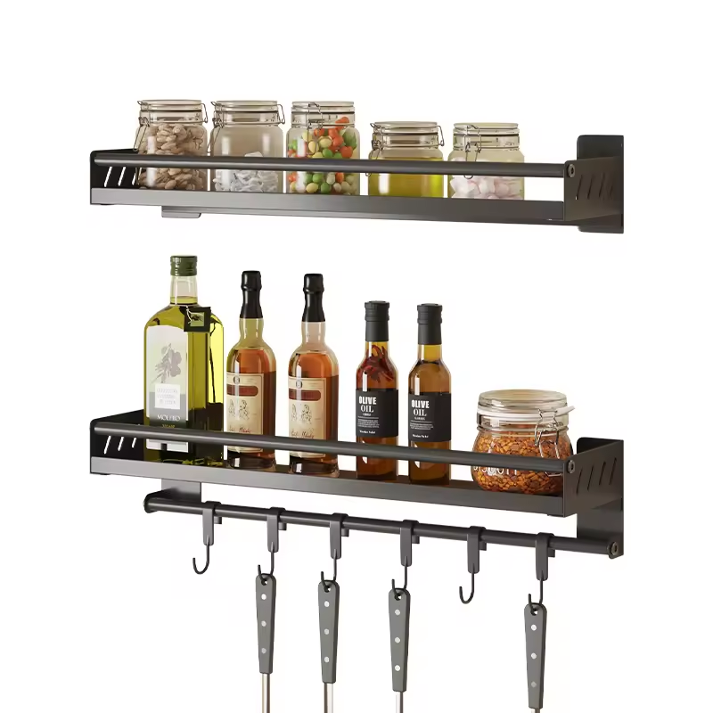Homart KR-SR-001 2 Shelves and 4 rods kitchen Wall shelve  No Drilling with Rods Aluminium Kitchen Holder Kitchen Hook Rack Kitchen Aid Hanging Rac