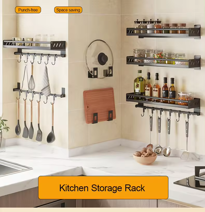 Homart KR-SR-001 2 Shelves and 4 rods kitchen Wall shelve  No Drilling with Rods Aluminium Kitchen Holder Kitchen Hook Rack Kitchen Aid Hanging Rac