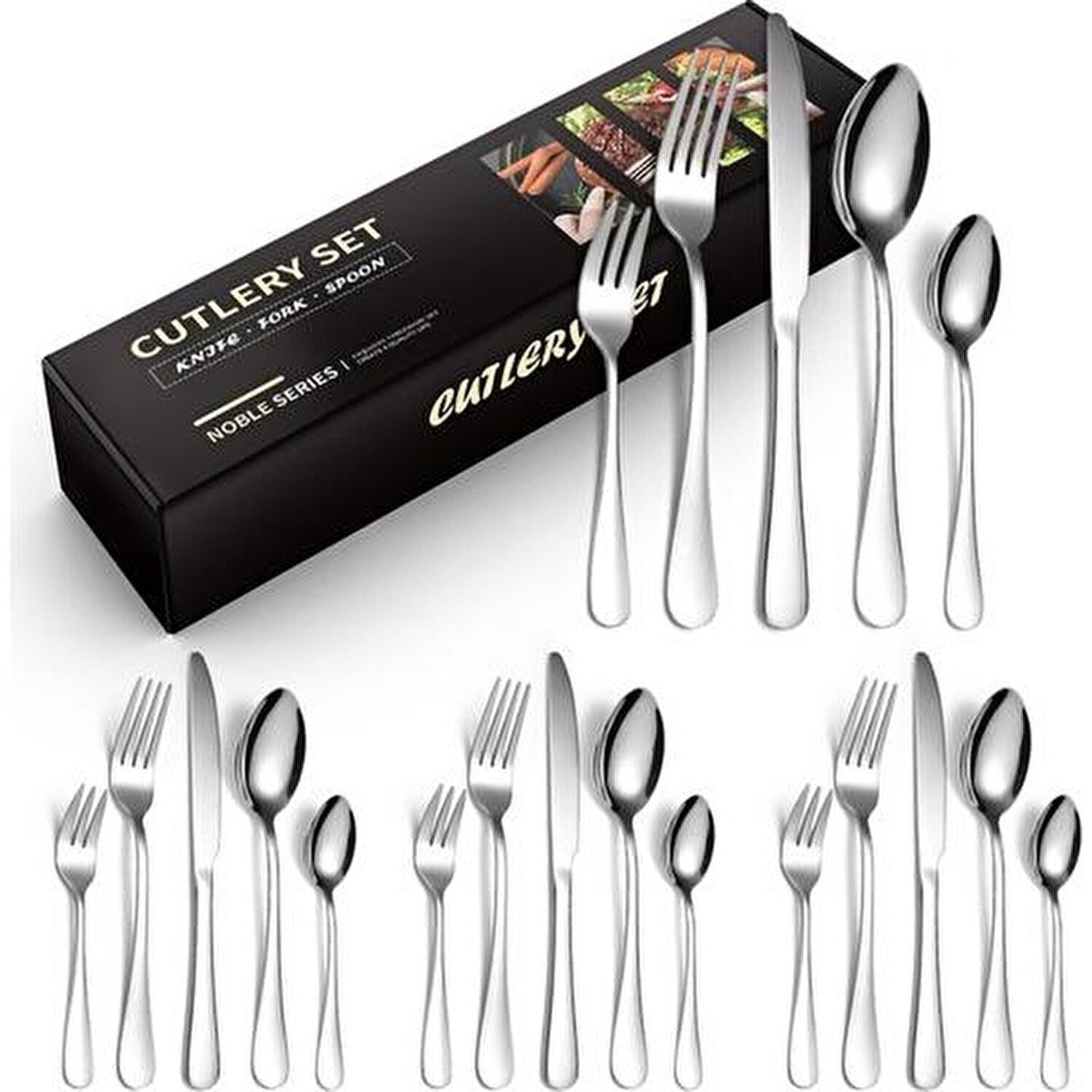 24 Pcs Silverware Set Service For 6【Promotion】HOMART KF-S Premium Stainless Steel Flatware Set（Including 6 knives / 6 forks / 6 spoons / 6 teaspoons）Highly mirror polished Silver,M