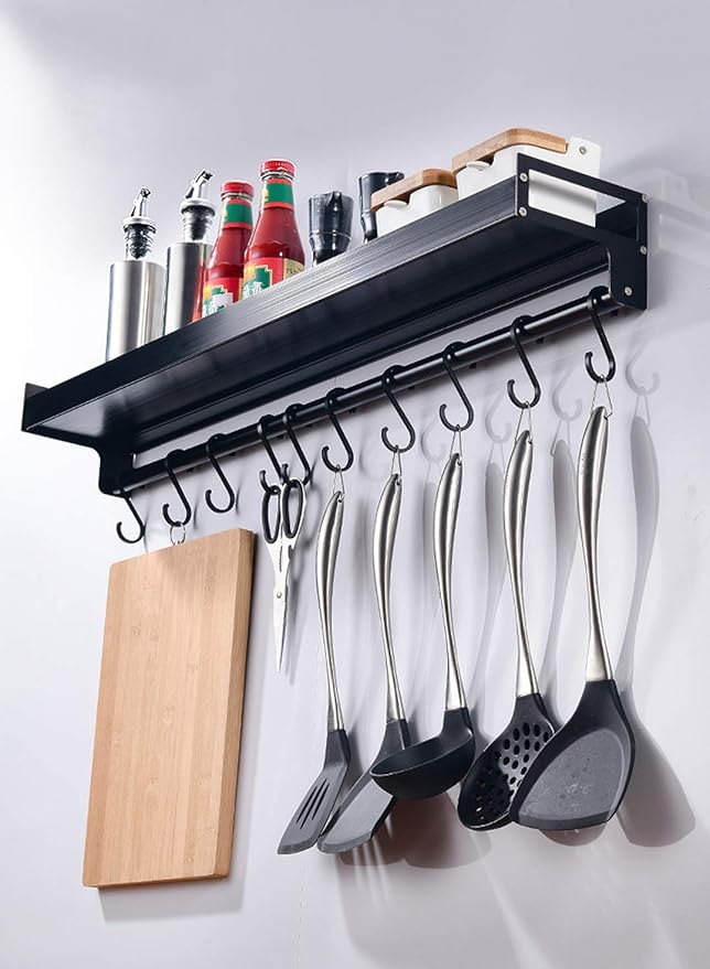 Homart KR-SR-001 2 Shelves and 4 rods kitchen Wall shelve  No Drilling with Rods Aluminium Kitchen Holder Kitchen Hook Rack Kitchen Aid Hanging Rac