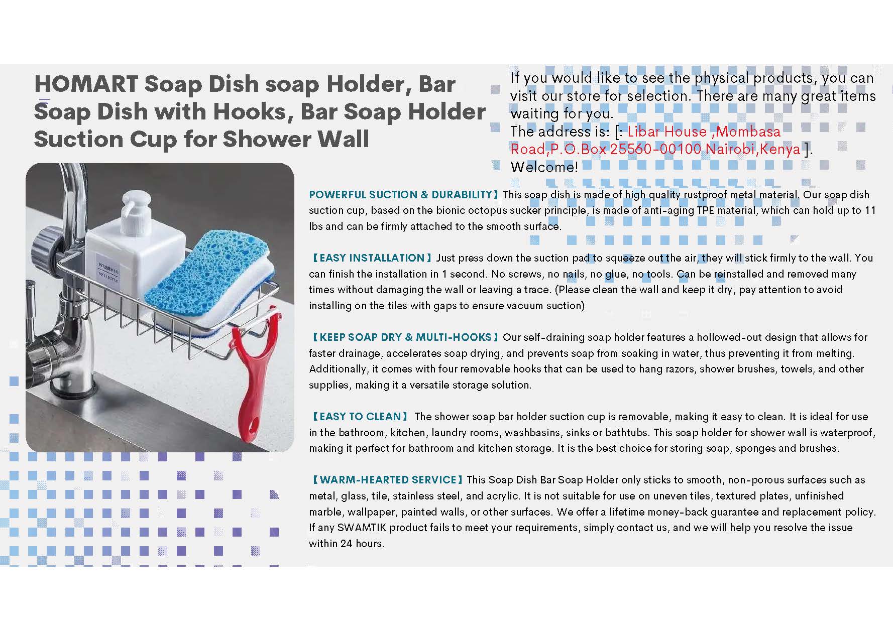 HOMART HM-4 Soap Dish soap Holder Bar Soap Dish with Hooks, Bar Soap Holder Suction Cup for Shower Wall, Soap Saver Tray for Bathroom, Stainless Steel Sponge Holder for Tub