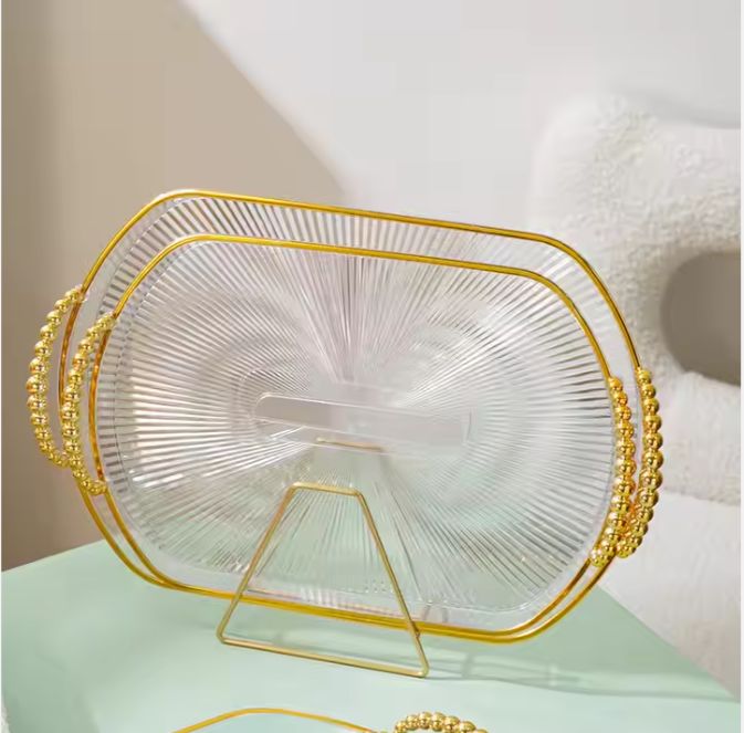 Exquisite Homart  Clear  Fruit Tray with Gold Handle for Serving Fruit Snacks  Food Dishes  Plates 6596-1B