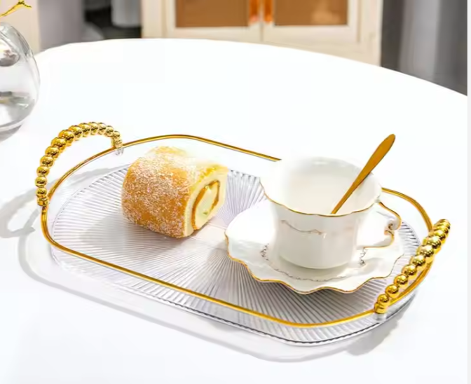 Exquisite Homart  Clear  Fruit Tray with Gold Handle for Serving Fruit Snacks  Food Dishes  Plates 6596-1B