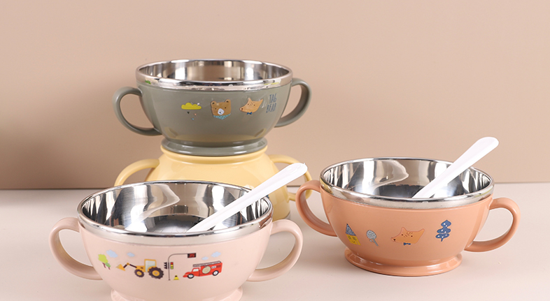 High Quality baby feeding Homart Double Wall Insulated Stainless Steel children's plate With Feeding Spoon  household bowl for Kindergarten 6754