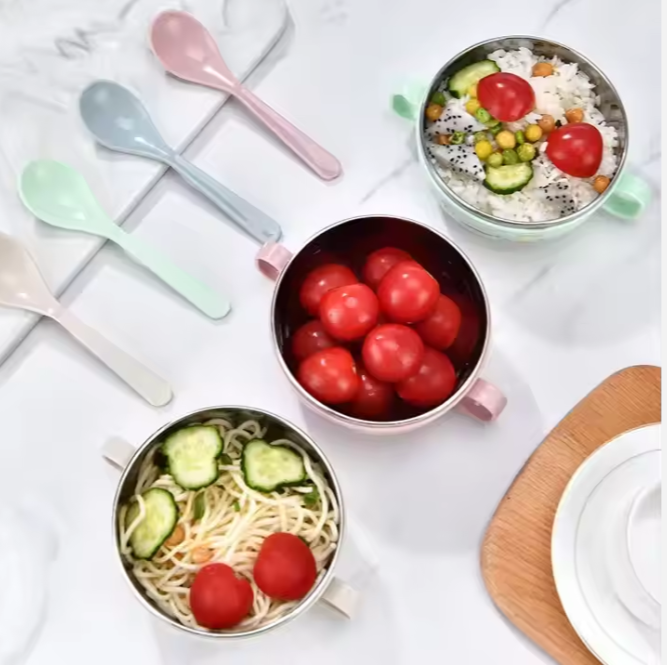 High Quality baby feeding Homart Double Wall Insulated Stainless Steel children's plate With Feeding Spoon  household bowl for Kindergarten 6754