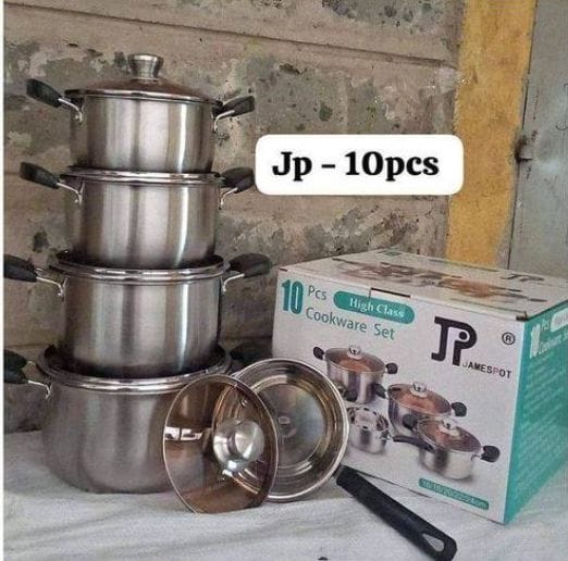 JP Jamesport Heavy duty induction base 10 PCS Stainless Steel Cookware Set Cooking Pots/sufuria  This 10 -Piece Cookware set is made of and pure aluminum encapsulated in the base for fast and even hea