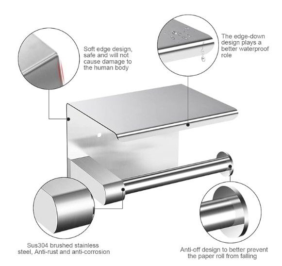 Toilet Paper Holder with Shelf,  Bathroom Tissue Holder 304 Brushed Stainless Steel, Toilet Paper Roll Holder  for Bathroom