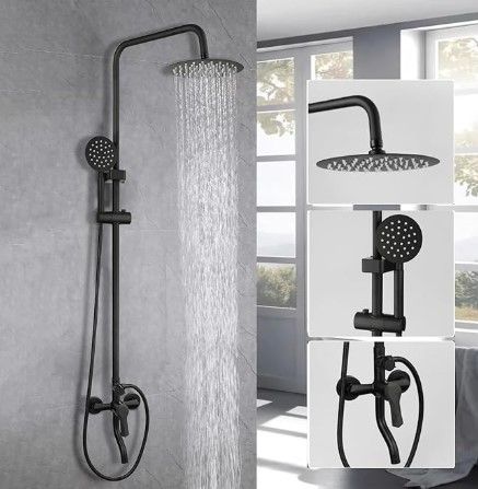 Shower System 8 Inch Rainfall Shower Head Matte Black Outdoor Shower Fixture 3 Function Stainless Steel Wall Mount Shower Faucet Set with Handheld Sprayer and Tub Spout