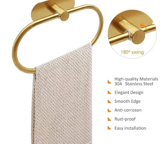 Self Adhesive Towel Ring, Brushed Gold Adhesive Hand Towel Holder Stainless Steel Oval Hand Towel Ring No Drilling Modern Hand Towel Hanger for Bathroom Kitchen Accessories