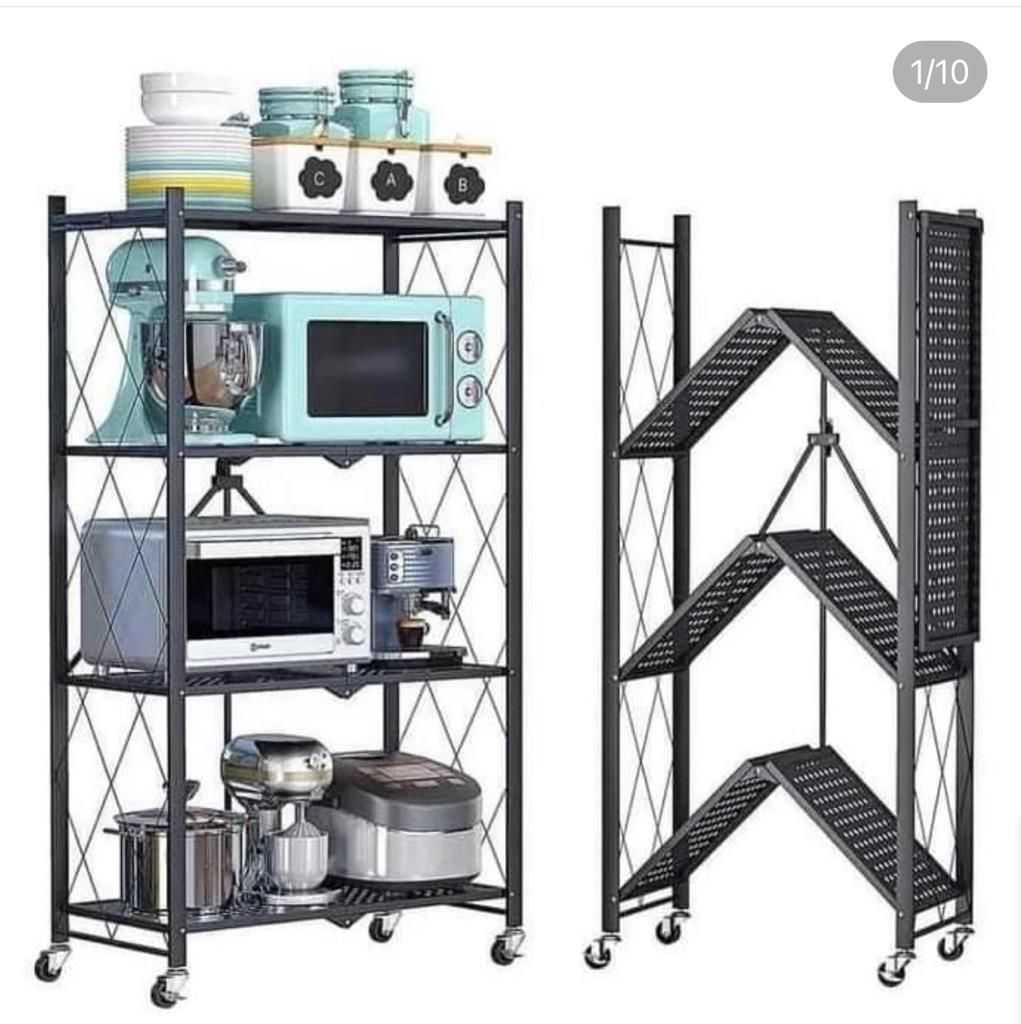 Foldable Kitchen Metallic storage Rack with wheels 3tier  High Quality】The shelf is made of black powder-coated metal frame, which is sturdy and environmental. easy to clean and protected from rust an