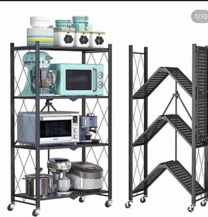 4 layer foldable  rack High Quality】The shelf is made of black powder-coated metal frame, which is sturdy and environmental. easy to clean and protected from rust and is robust enough to withstand moi