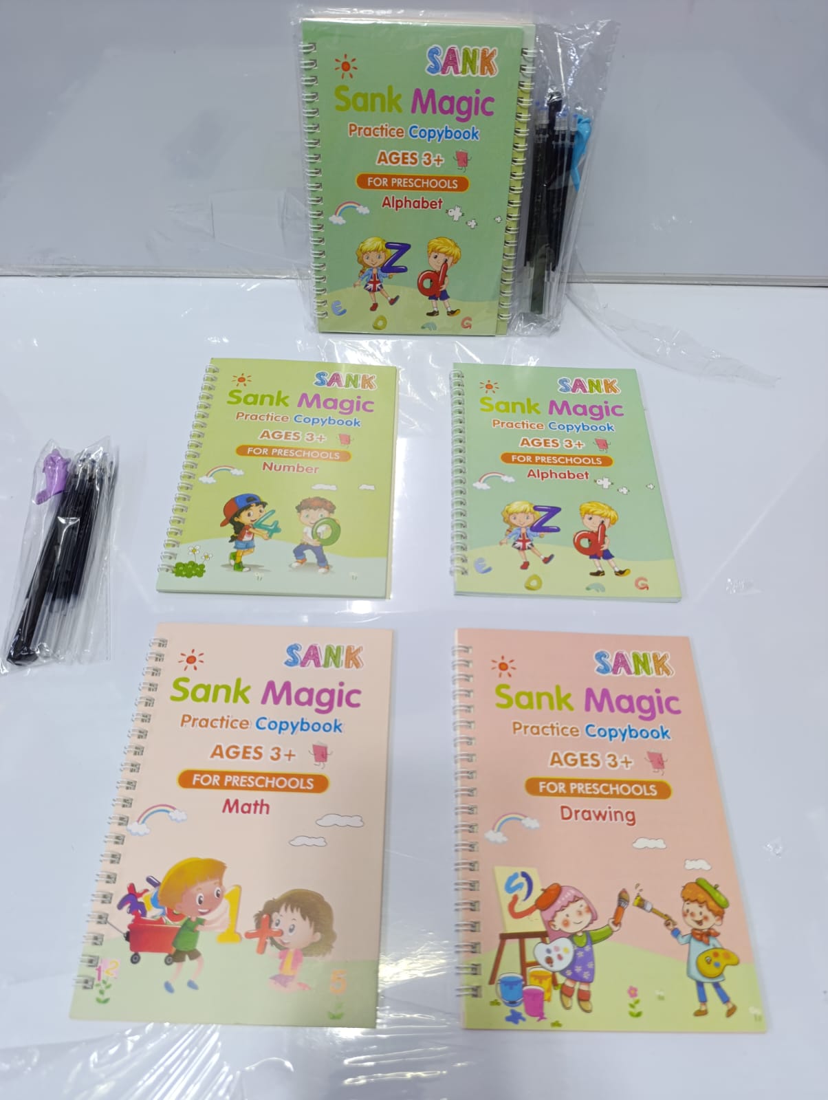 Sank magic books. Set of 4 books. comes with pens.Comes with pens for drawing and writing
Reusable pages for endless fun and learning
Encourages creativity and imagination
Bright, colorful, and eng