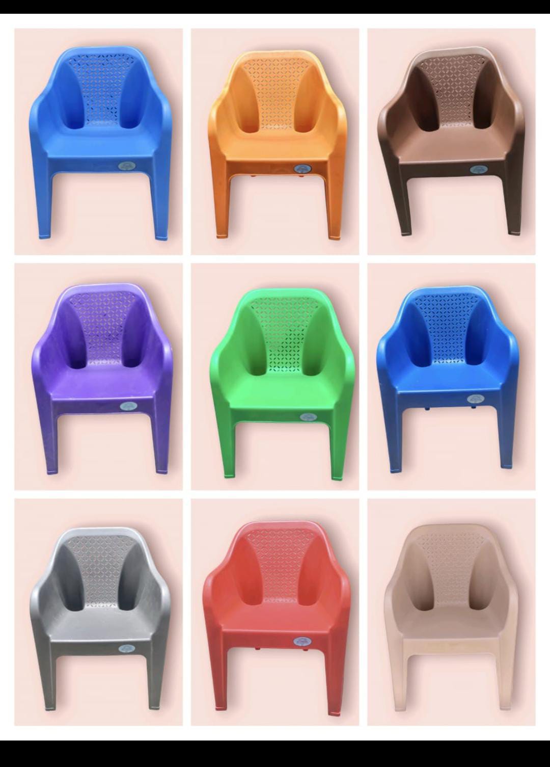 Plastic Chair.m Features armrests, a ventilated backrest with a patterned design, and a sturdy structure. They are often stackable for easy storage.