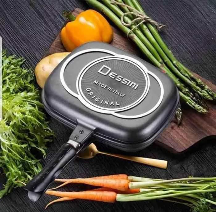 Double grill pan. This useful pan is conveniently double-sided and is made of super-conductive die-cast aluminum that is highly durable, delivering you only the best in cooking performance.