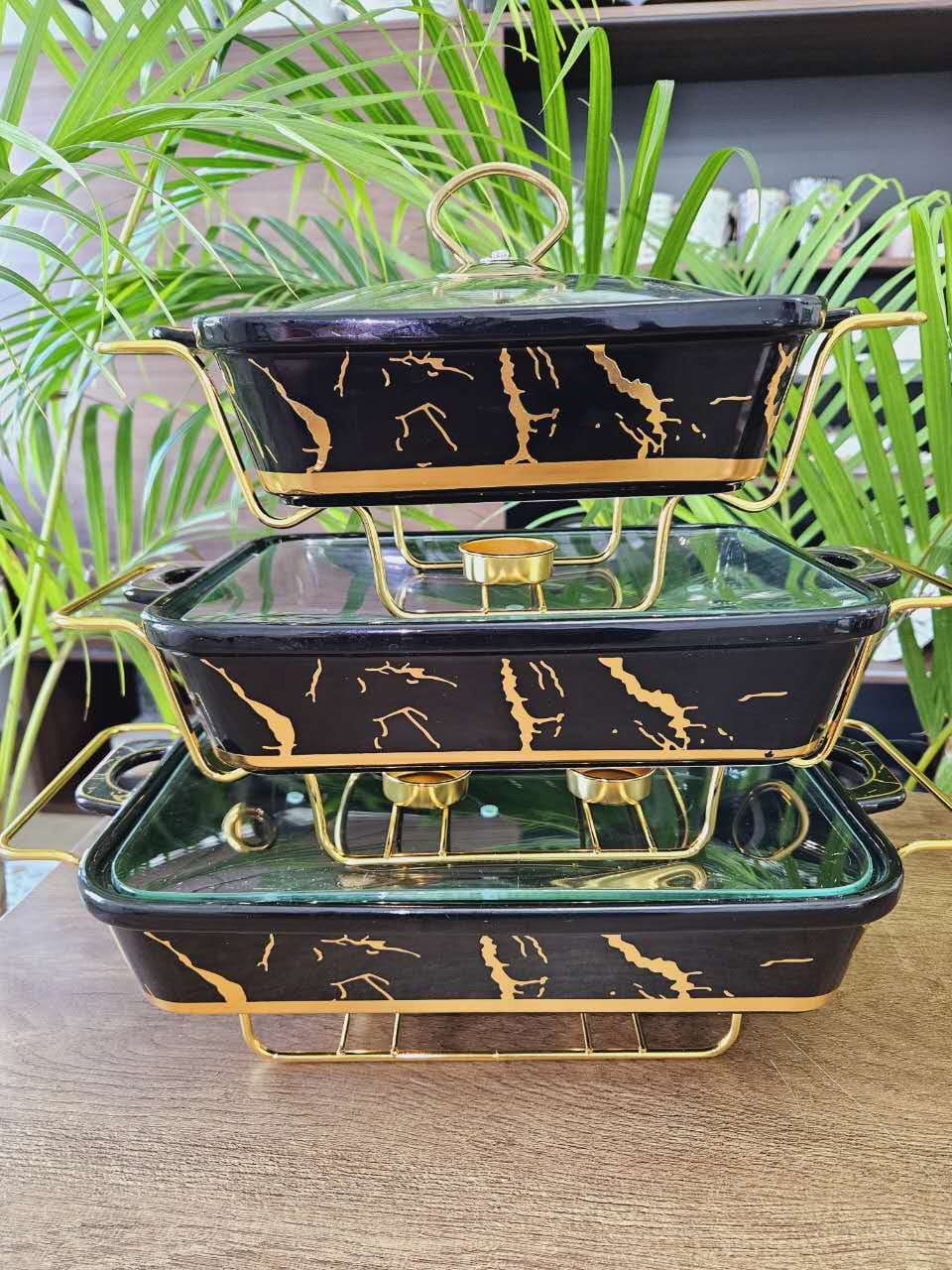 3pcs Black gold Ceramic chaffing dish. Upgrade your dining and serving experience with this luxurious 3pcs Black & Gold Ceramic Chafing Dish Set. Each dish combines elegant design.