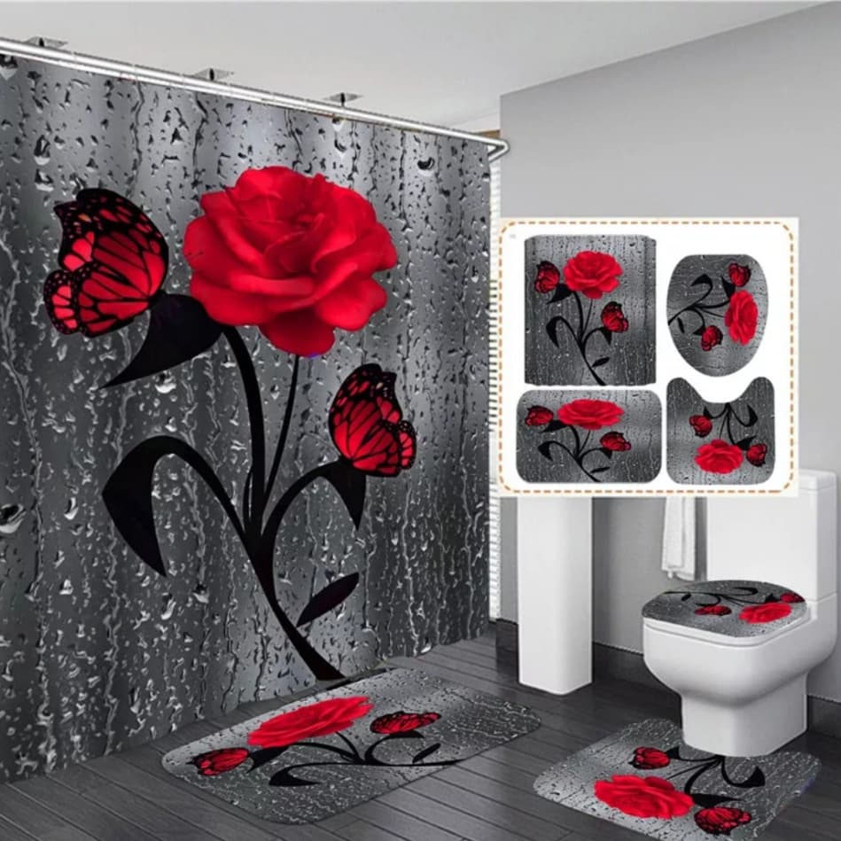 4 Pcs Bath Mat Set Rugs & Shower Curtain