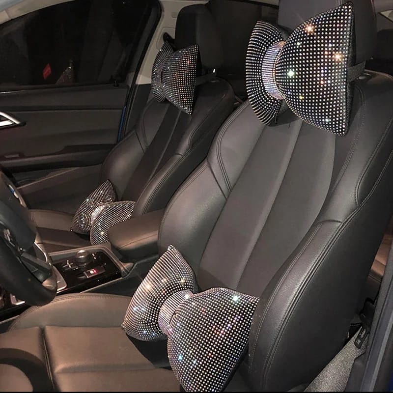 1pc Diamond Crystal Bowknot Car Neck Pillow Rhinestone Auto Headrest Seat Support Waist Pillows Bling Car Accessories For Women