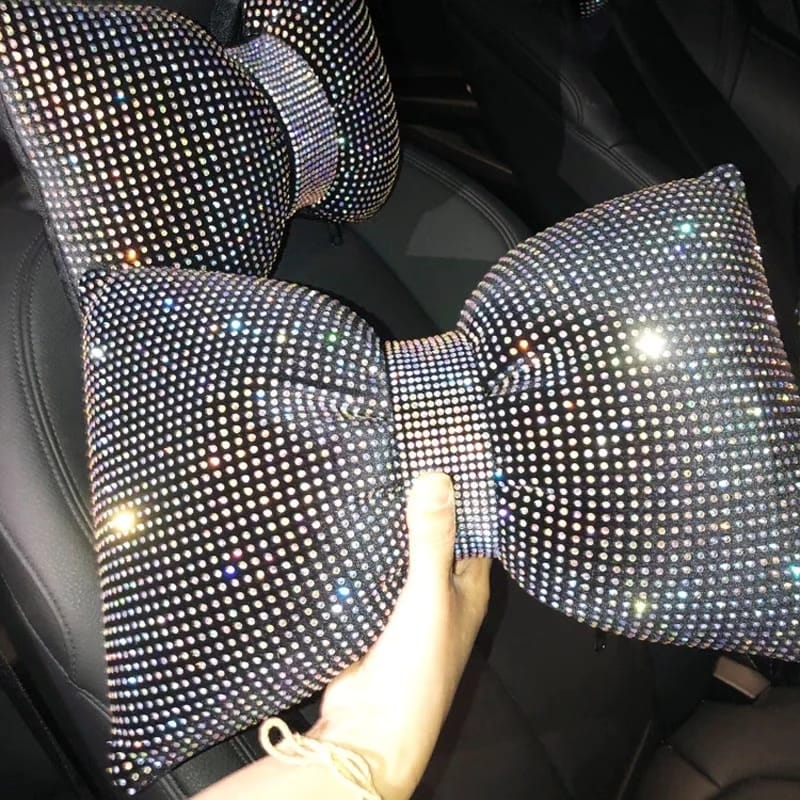 1pc Diamond Crystal Bowknot Car Neck Pillow Rhinestone Auto Headrest Seat Support Waist Pillows Bling Car Accessories For Women