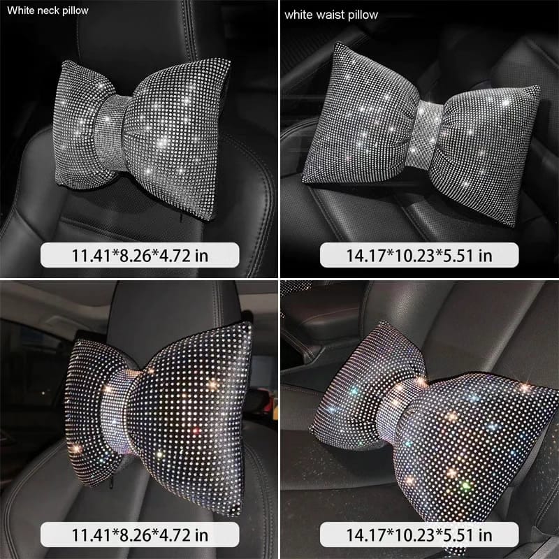 1pc Diamond Crystal Bowknot Car Neck Pillow Rhinestone Auto Headrest Seat Support Waist Pillows Bling Car Accessories For Women