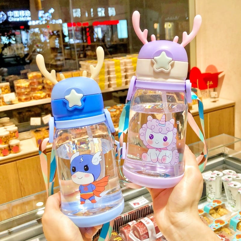 📍RESTOCKED 📍Antlers BPA Free Reusable Leak Proof Silicon Transparent Water Bottle 600ml with Strap for Kids School-✅ Eco-Friendly Design: Made from high-quality, BPA-free Material these water bottle