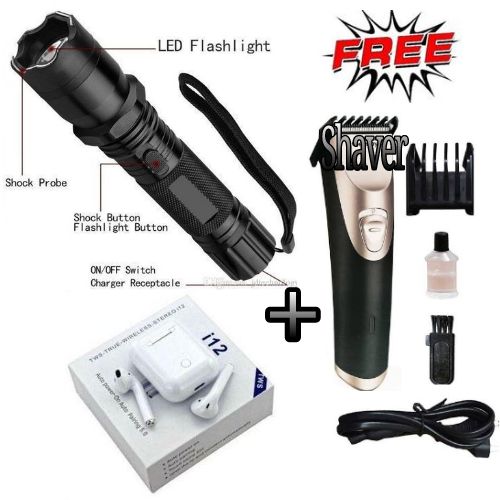 3-in-1 Rechargeable Self-Defense Electric Shock Laser Pointer Torch + Free Earbuds i12TWS & Hair Clipper Trimmer