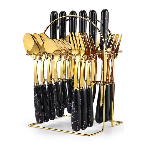 Strong 24pcs Stainless Steel Marble Handle Golden Cutlery Set